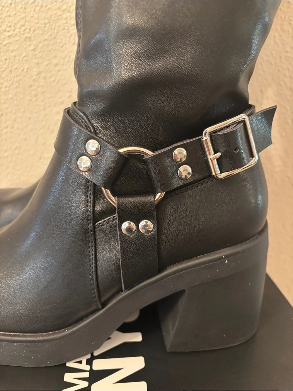 Madden NYC Women’s Black Knee Platform Boots with Buckle Strap 7